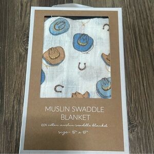 Mudpie muslin cowboy hat baby boy swaddle blanket NEW 47x47 rustic rodeo